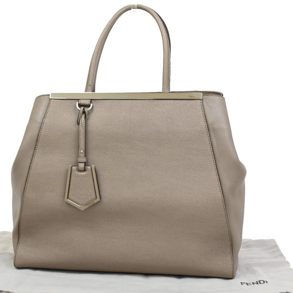 FENDI Logo Large 2Jours Hand Tote Bag Leather Beige Greige SHW Italy 32YH858